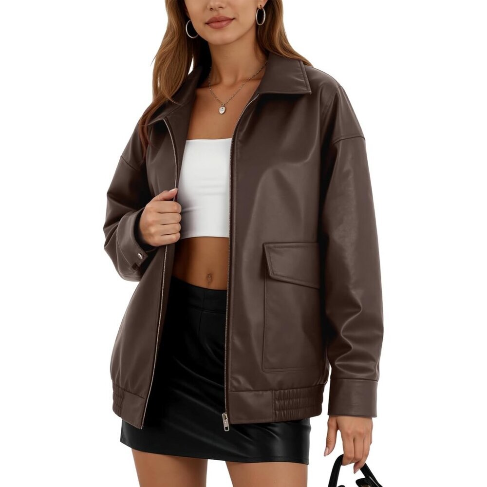 Women's Oversize Leather Jacket Faux Motorcycle Bomber with Double Pockets Brown